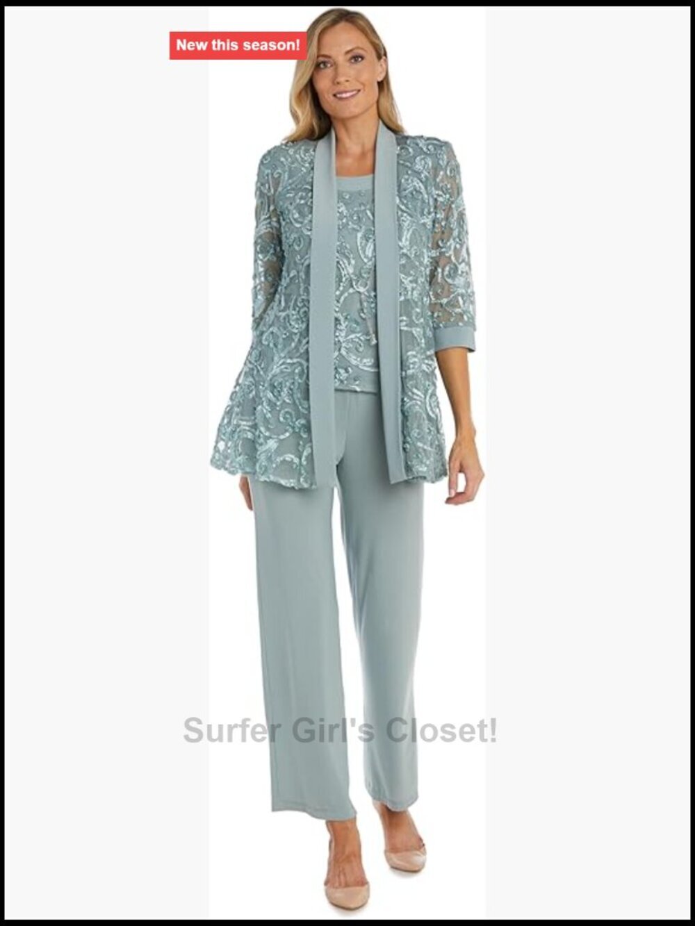 Embroidered Soutache Dressy Pant Suit with Necklace